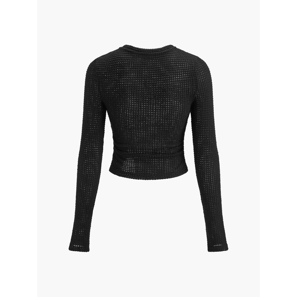 Women's Cropped Long Sleeve Waffle Knit Top with Crew Neck and Fitted Silhouette - Image 11