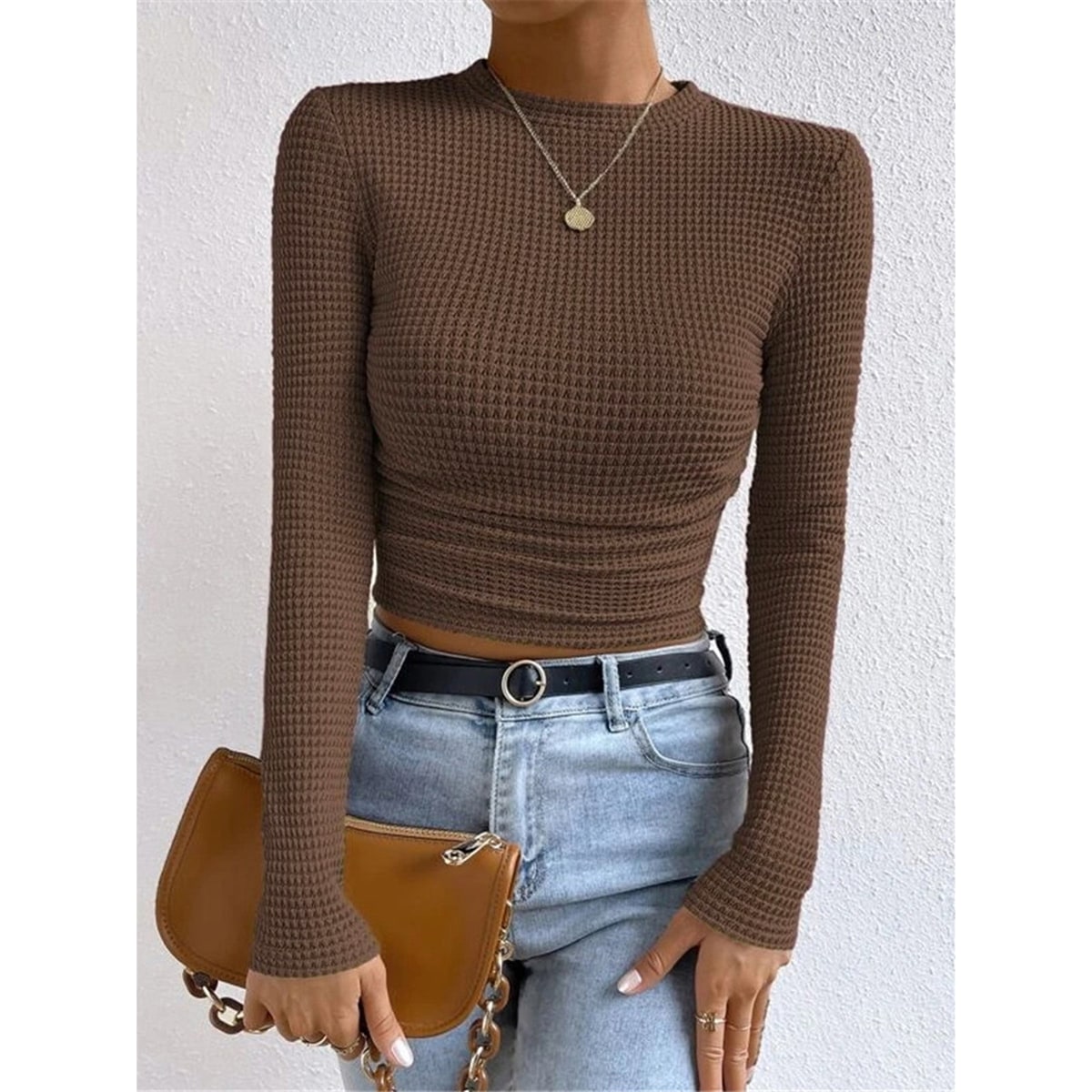 Women's Cropped Long Sleeve Waffle Knit Top with Crew Neck and Fitted Silhouette - Image 12