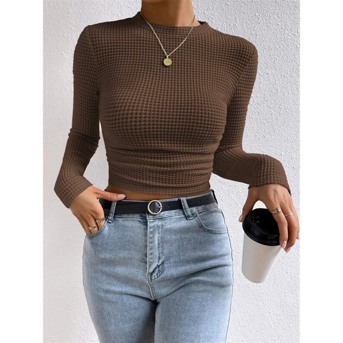 Women's Cropped Long Sleeve Waffle Knit Top with Crew Neck and Fitted Silhouette - Image 13