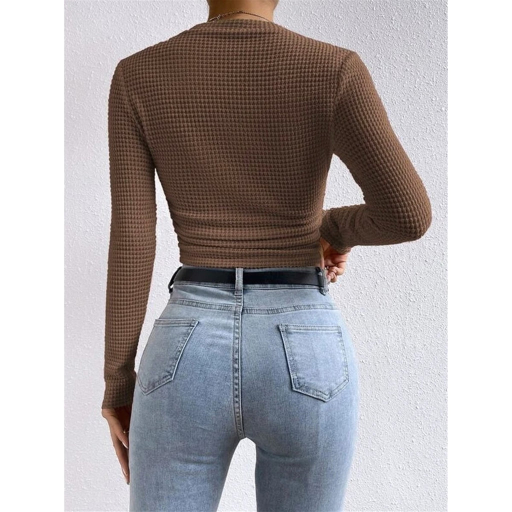 Women's Cropped Long Sleeve Waffle Knit Top with Crew Neck and Fitted Silhouette - Image 14