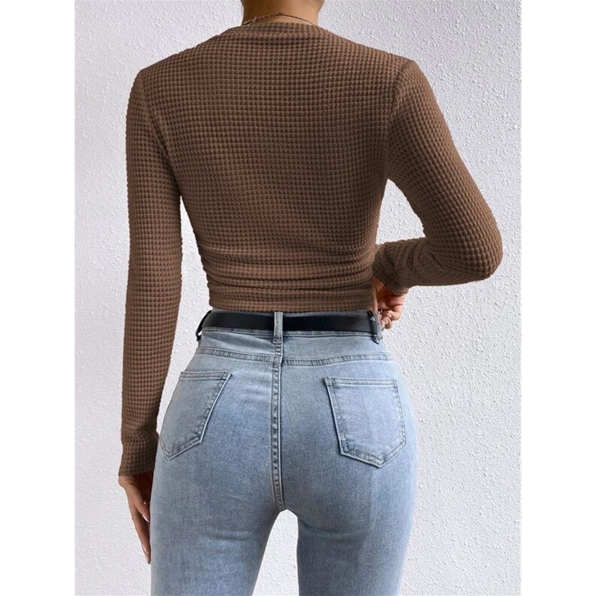 Women's Cropped Long Sleeve Waffle Knit Top with Crew Neck and Fitted Silhouette - Image 14