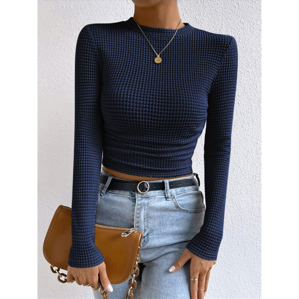 Women's Cropped Long Sleeve Waffle Knit Top with Crew Neck and Fitted Silhouette - Image 15