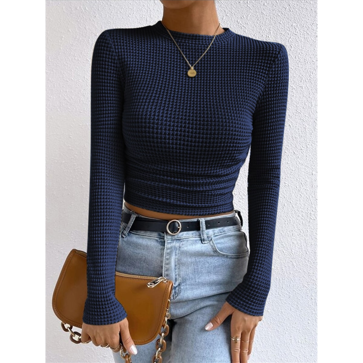 Women's Cropped Long Sleeve Waffle Knit Top with Crew Neck and Fitted Silhouette - Image 15