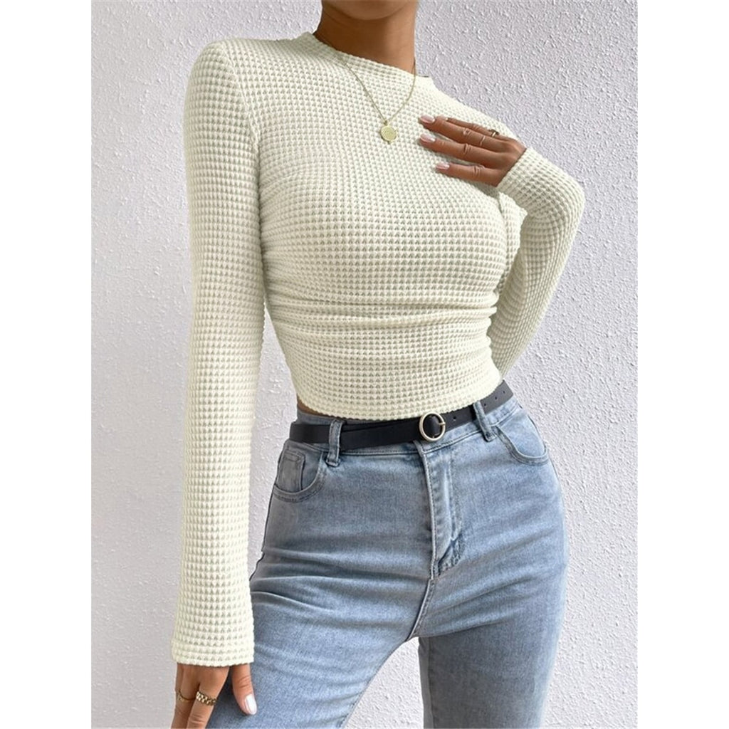 Women's Cropped Long Sleeve Waffle Knit Top with Crew Neck and Fitted Silhouette - Image 2