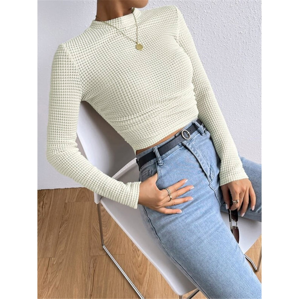 Women's Cropped Long Sleeve Waffle Knit Top with Crew Neck and Fitted Silhouette - Image 3