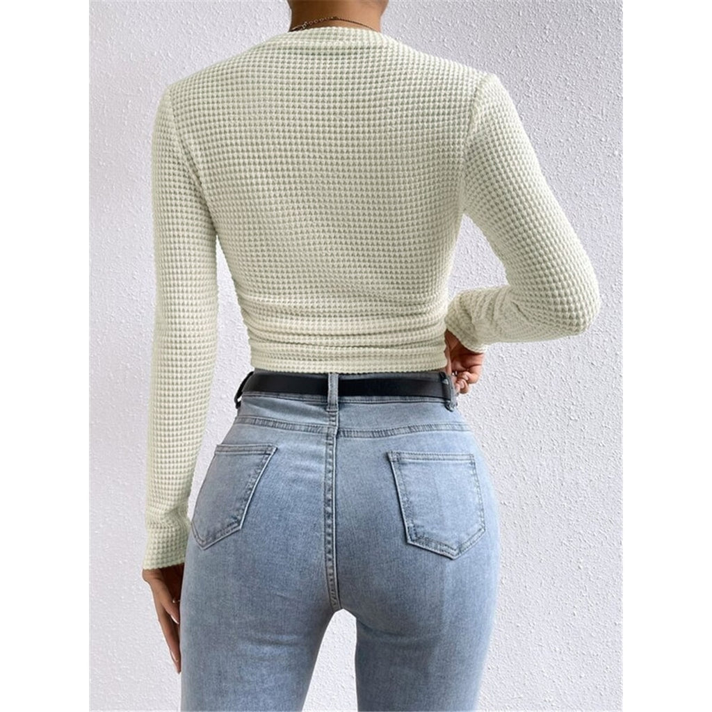 Women's Cropped Long Sleeve Waffle Knit Top with Crew Neck and Fitted Silhouette - Image 4