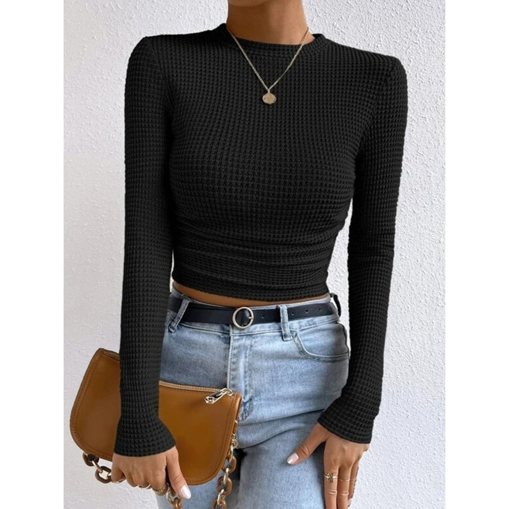 Women's Cropped Long Sleeve Waffle Knit Top with Crew Neck and Fitted Silhouette - Image 8