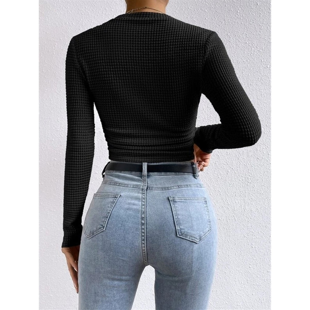 Women's Cropped Long Sleeve Waffle Knit Top with Crew Neck and Fitted Silhouette - Image 9