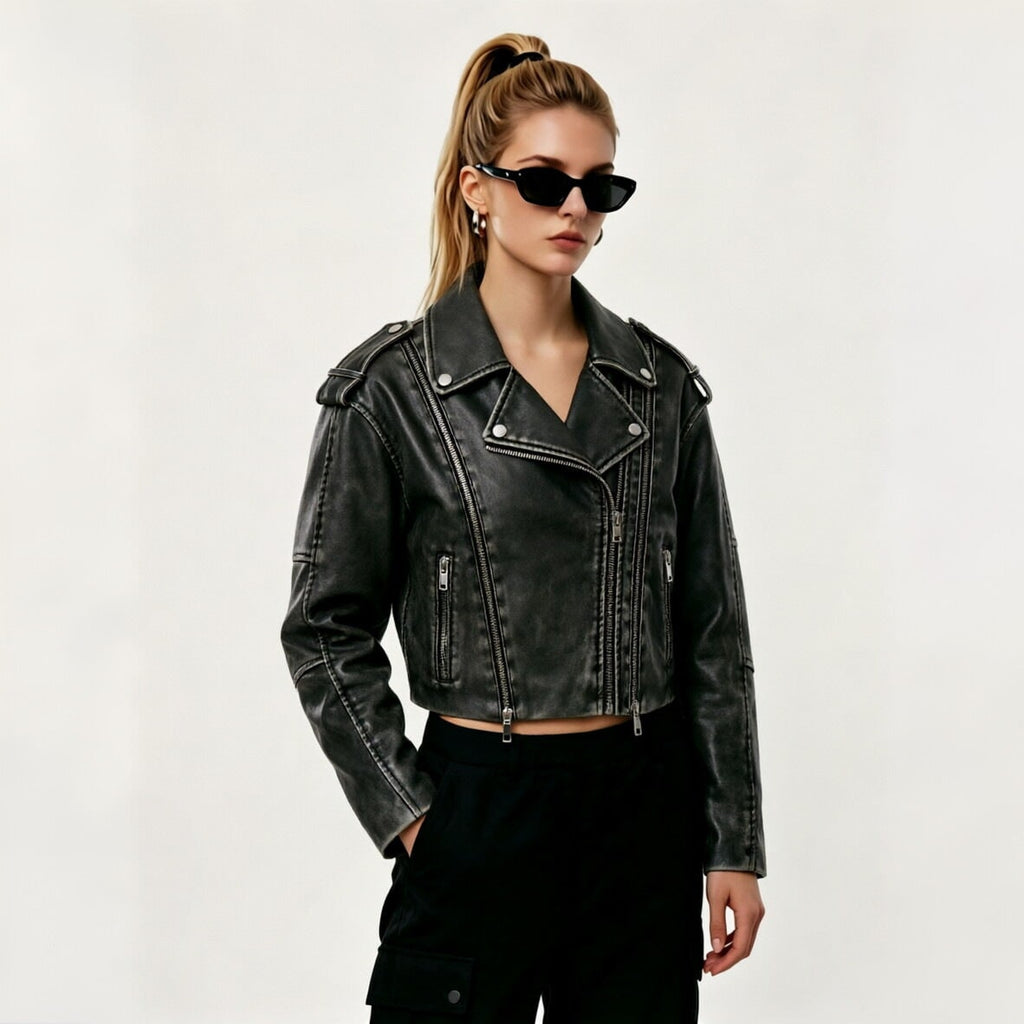 Women's Cropped Motorcycle Leather Biker Jacket with Asymmetrical Zip - Image 1