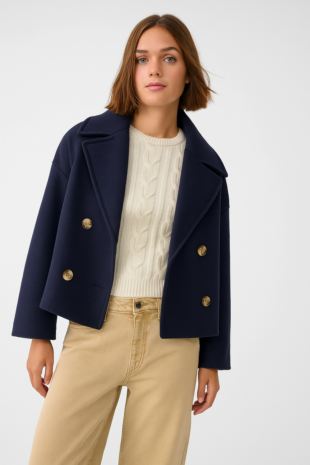 Women's Cropped Peacoat Double Breasted Wool Blend with Oversized Collar - Image 8
