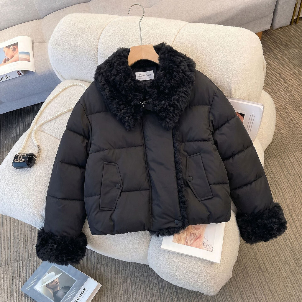 Women's Cropped Puffer Jacket with Faux Fur Collar Cuffs and Quilted Warmth - Image 1