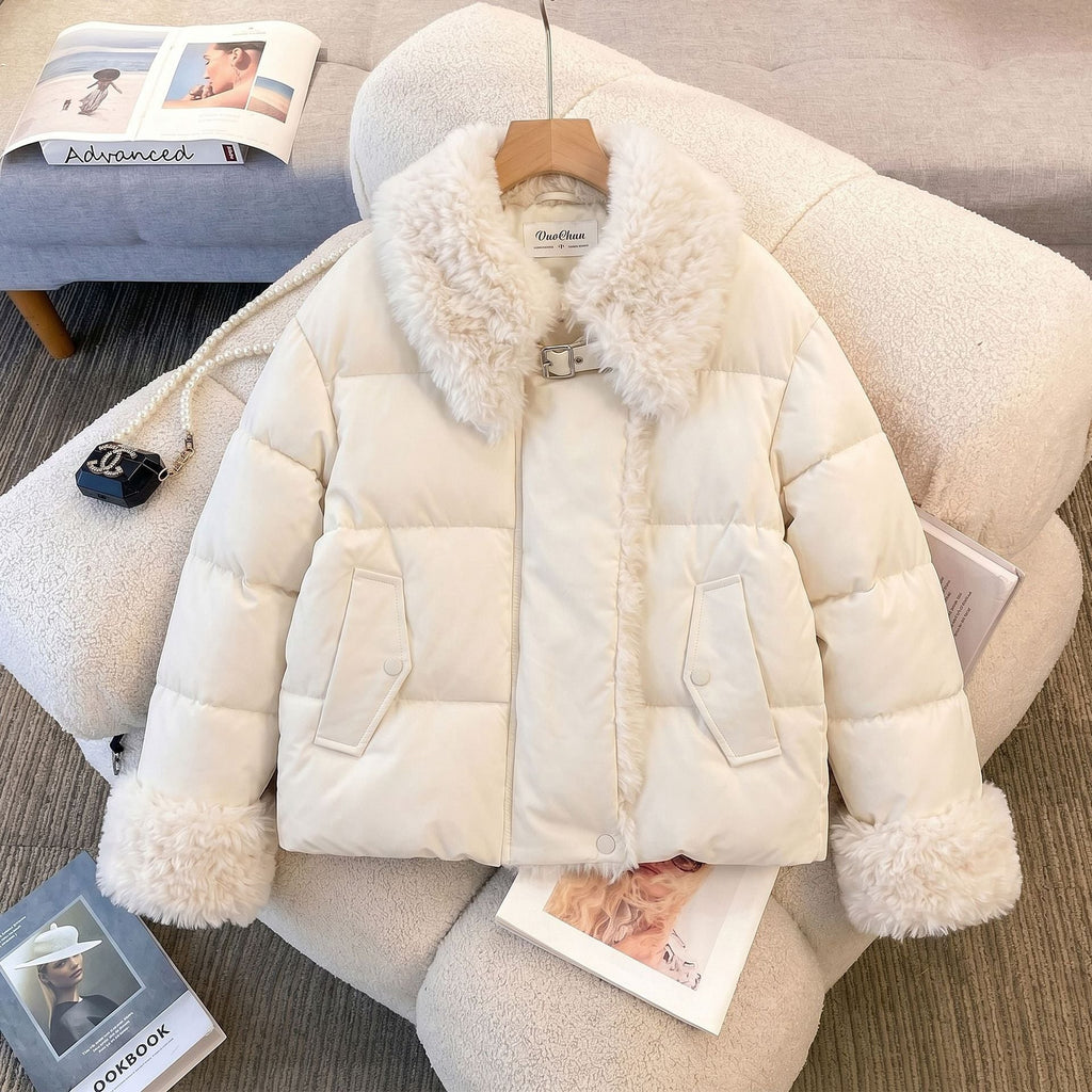 Women's Cropped Puffer Jacket with Faux Fur Collar Cuffs and Quilted Warmth - Image 2