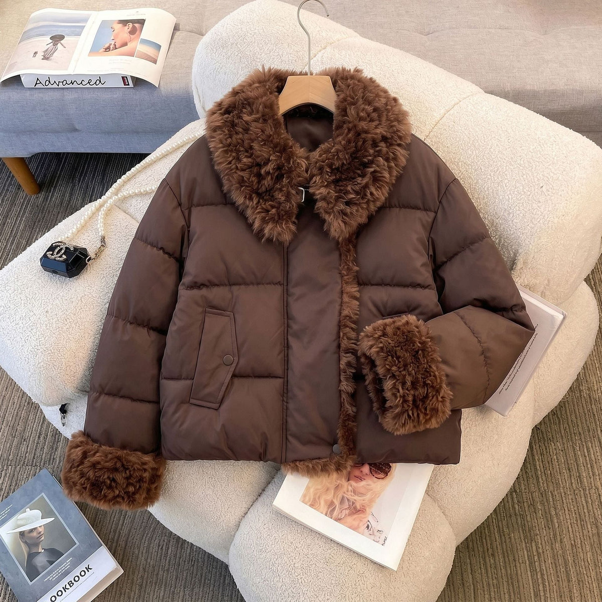 Women's Cropped Puffer Jacket with Faux Fur Collar Cuffs and Quilted Warmth - Image 3