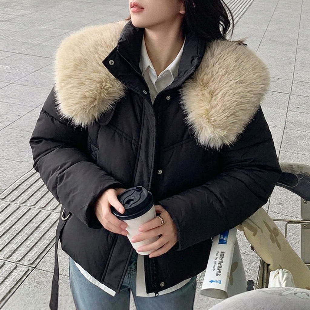 Women's Cropped Puffer Jacket with Faux Fur Stand Collar and Zip Front - Image 1