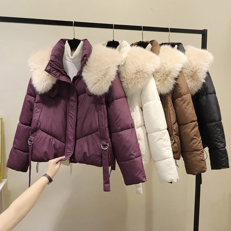 Women's Cropped Puffer Jacket with Faux Fur Stand Collar and Zip Front - Image 10