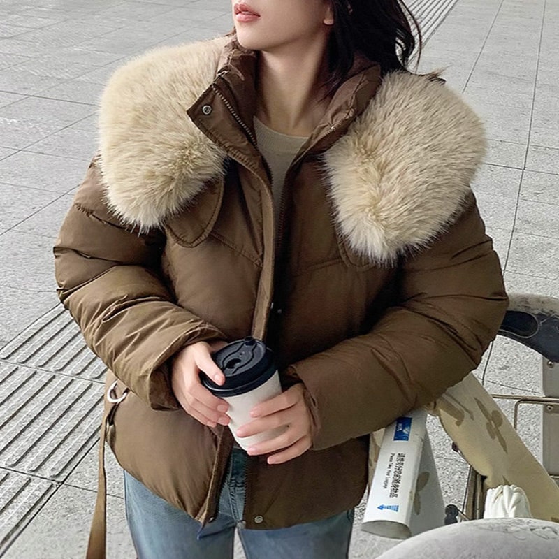 Women's Cropped Puffer Jacket with Faux Fur Stand Collar and Zip Front - Image 3