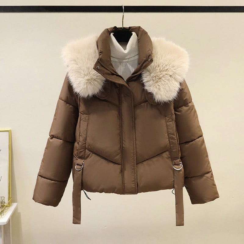 Women's Cropped Puffer Jacket with Faux Fur Stand Collar and Zip Front - Image 4