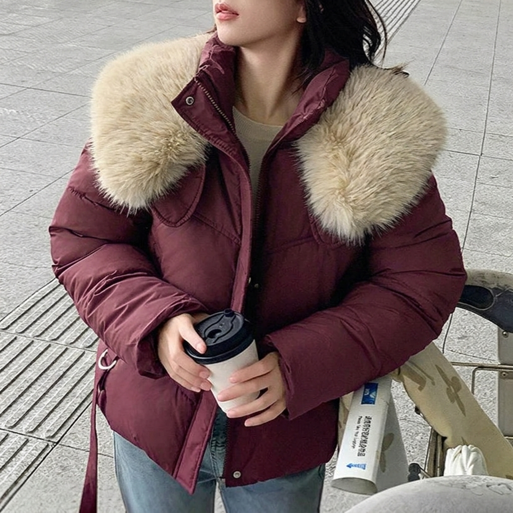 Women's Cropped Puffer Jacket with Faux Fur Stand Collar and Zip Front - Image 5