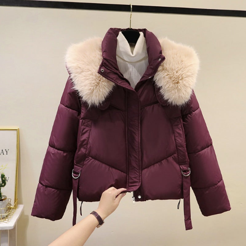 Women's Cropped Puffer Jacket with Faux Fur Stand Collar and Zip Front - Image 6