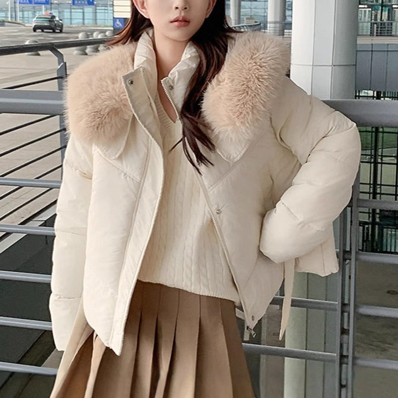 Women's Cropped Puffer Jacket with Faux Fur Stand Collar and Zip Front - Image 7
