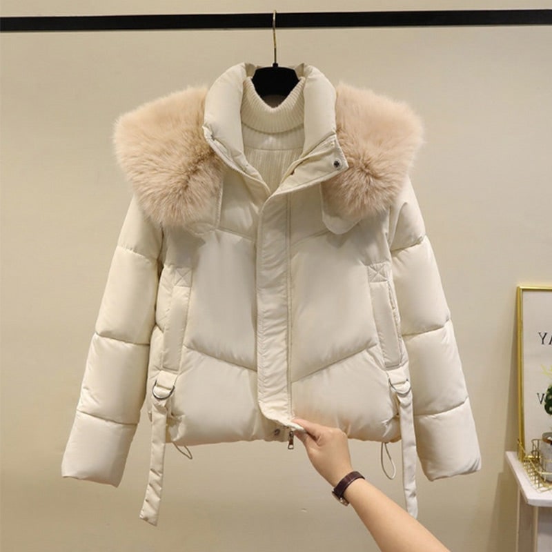 Women's Cropped Puffer Jacket with Faux Fur Stand Collar and Zip Front - Image 8