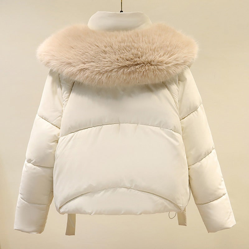 Women's Cropped Puffer Jacket with Faux Fur Stand Collar and Zip Front - Image 9