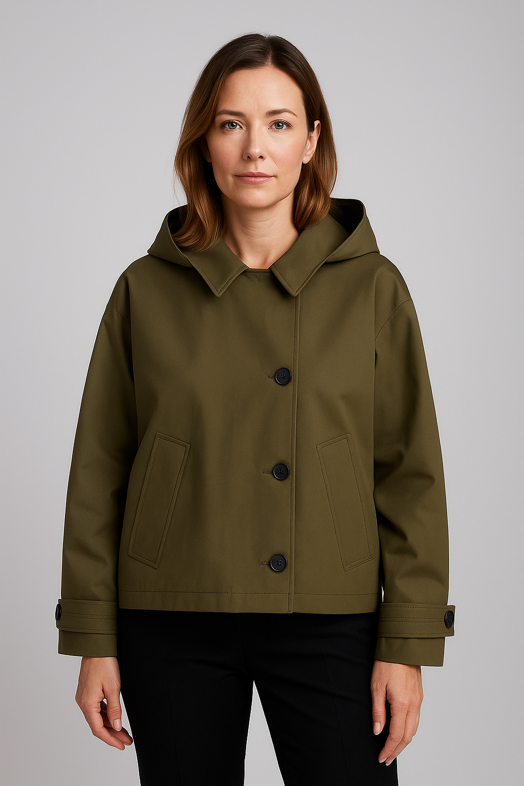 Women's Cropped Trench Coat with Detachable Hood and Pointed Collar - Image 1