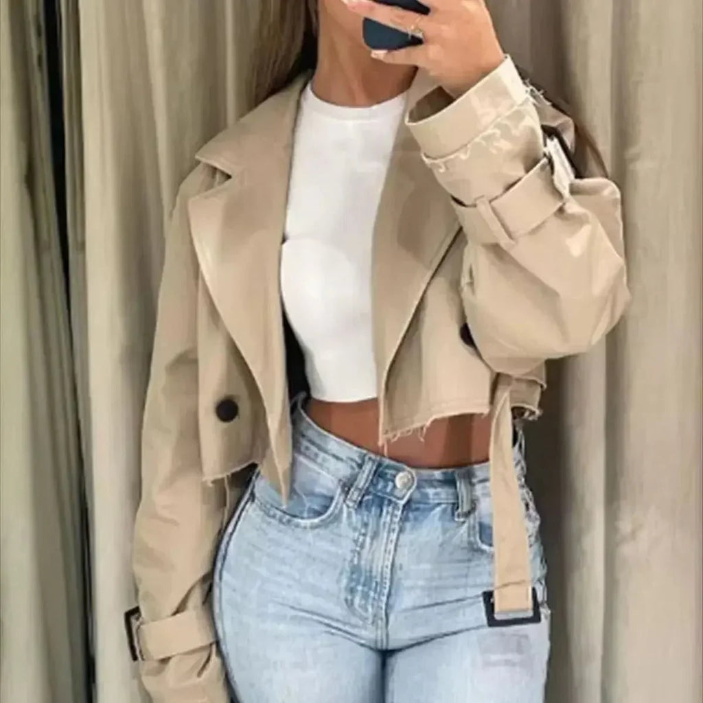 Women's Cropped Trench Coat with Double Breasted Belted Waist and Raw Hem - Image 1
