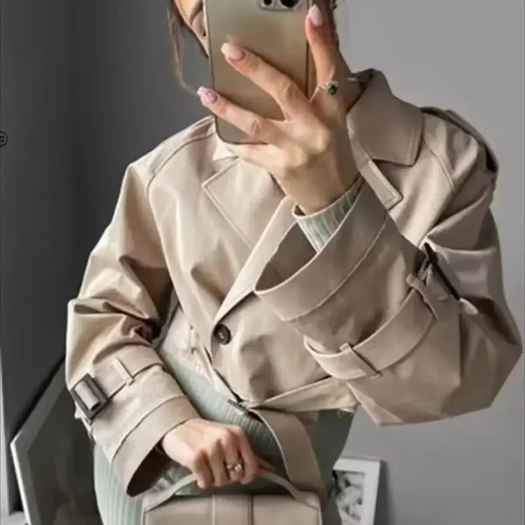 Women's Cropped Trench Coat with Double Breasted Belted Waist and Raw Hem - Image 2