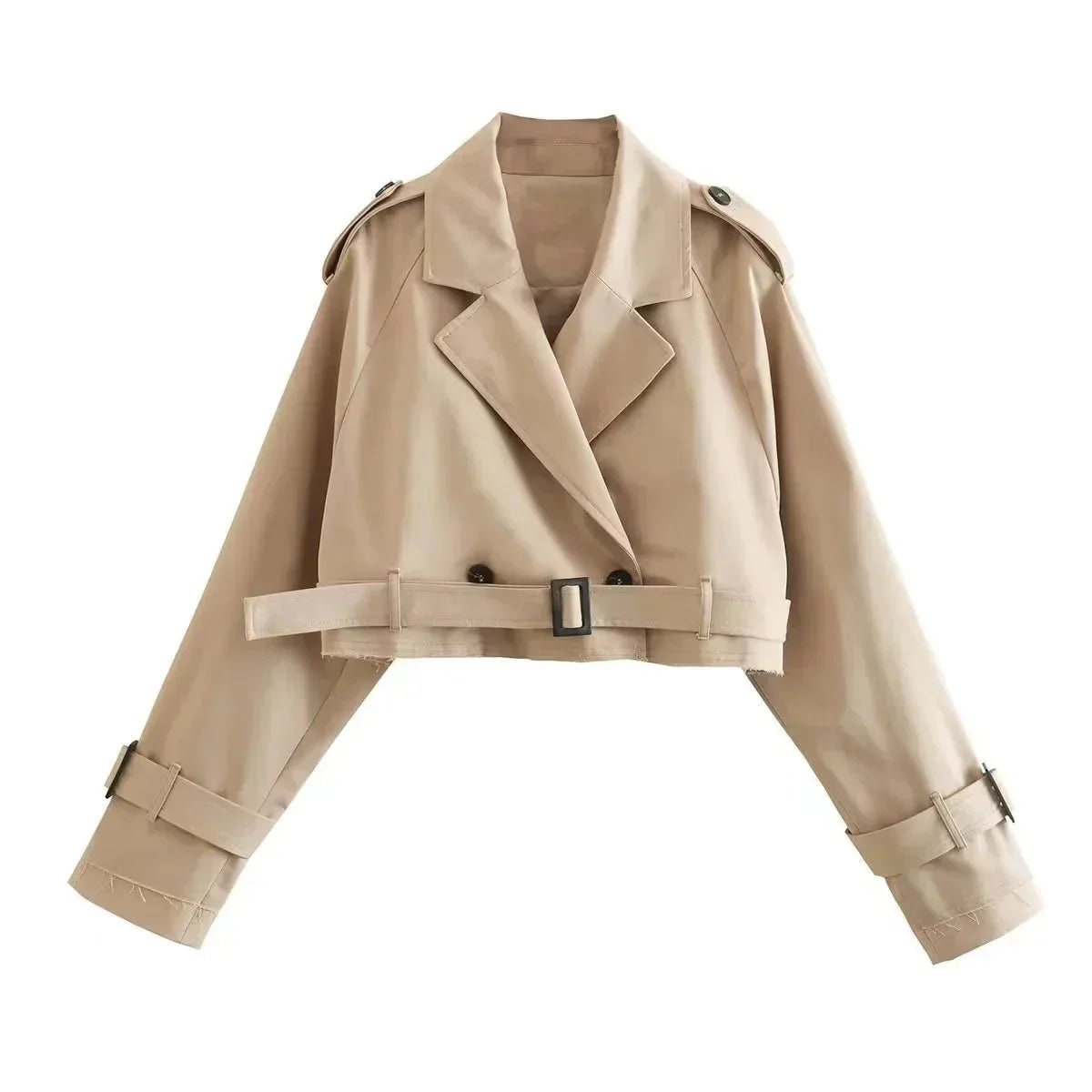Women's Cropped Trench Coat with Double Breasted Belted Waist and Raw Hem - Image 3