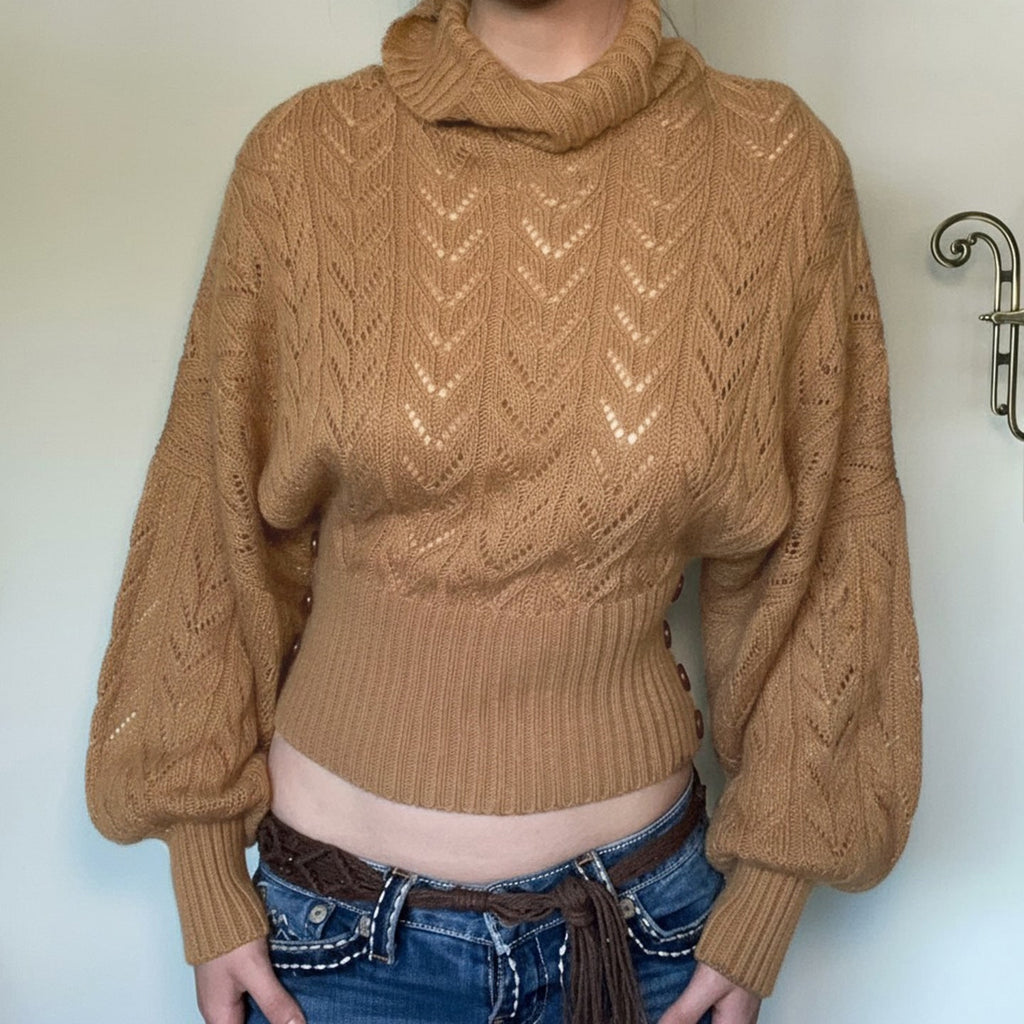 Women's Cropped Turtleneck Sweater with Balloon Sleeves and Pointelle Knit - Image 1