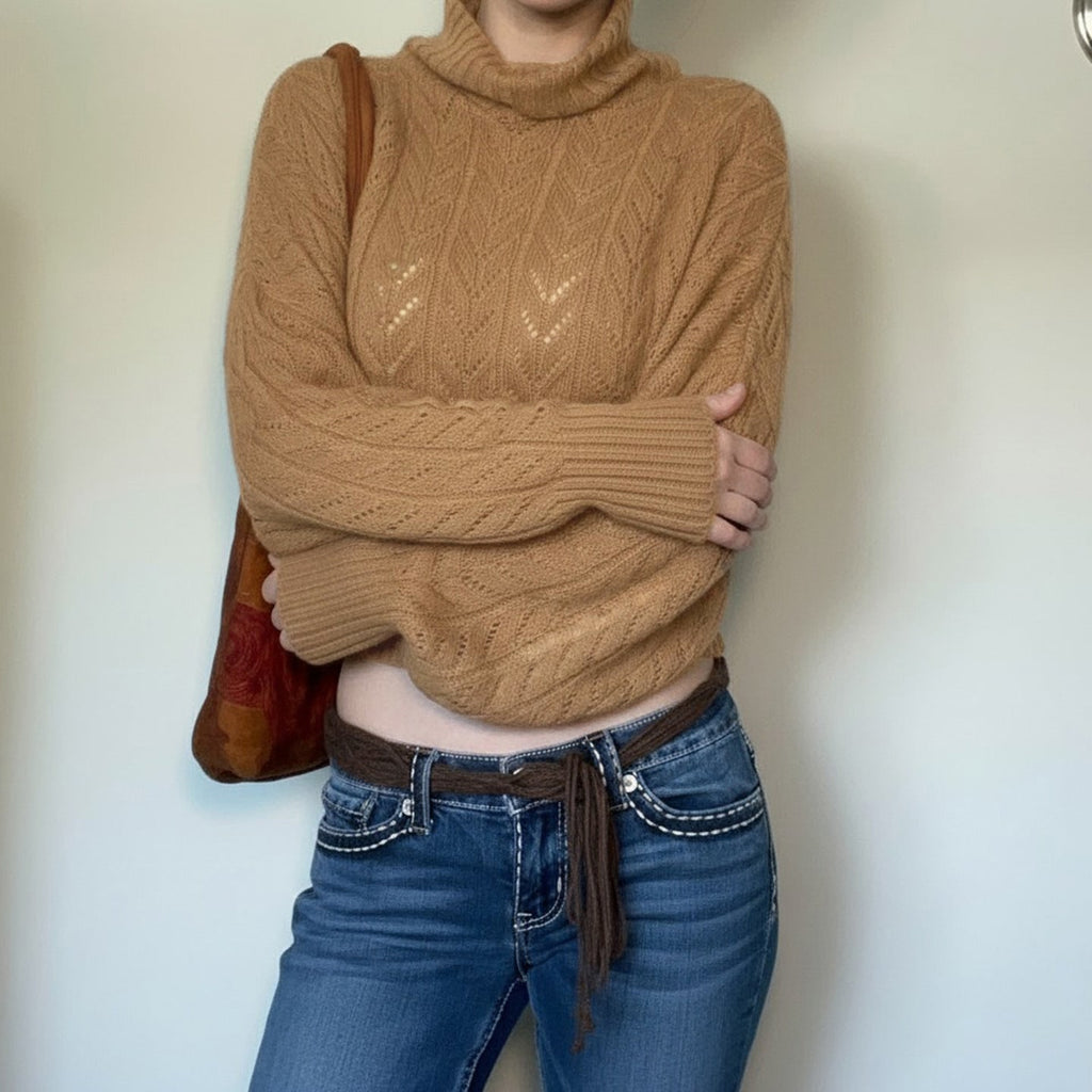 Women's Cropped Turtleneck Sweater with Balloon Sleeves and Pointelle Knit - Image 2