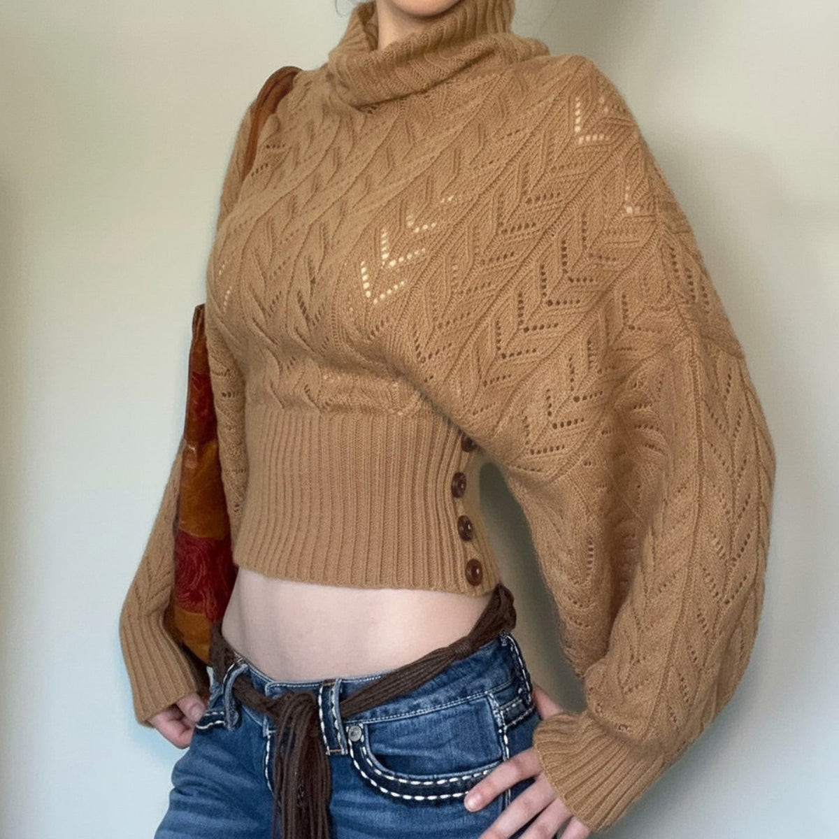 Women's Cropped Turtleneck Sweater with Balloon Sleeves and Pointelle Knit - Image 3