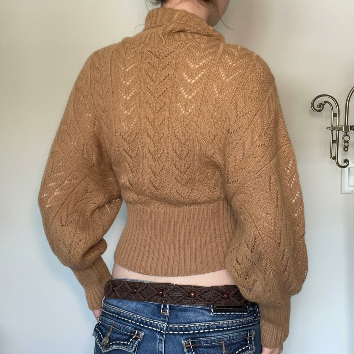 Women's Cropped Turtleneck Sweater with Balloon Sleeves and Pointelle Knit - Image 4