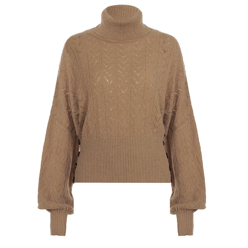 Women's Cropped Turtleneck Sweater with Balloon Sleeves and Pointelle Knit - Image 5