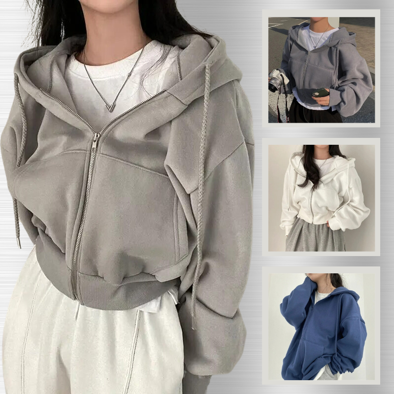 Women's Cropped Zip Up Hoodie Oversized with Drawstring Hood and Kangaroo Pocket - Image 1