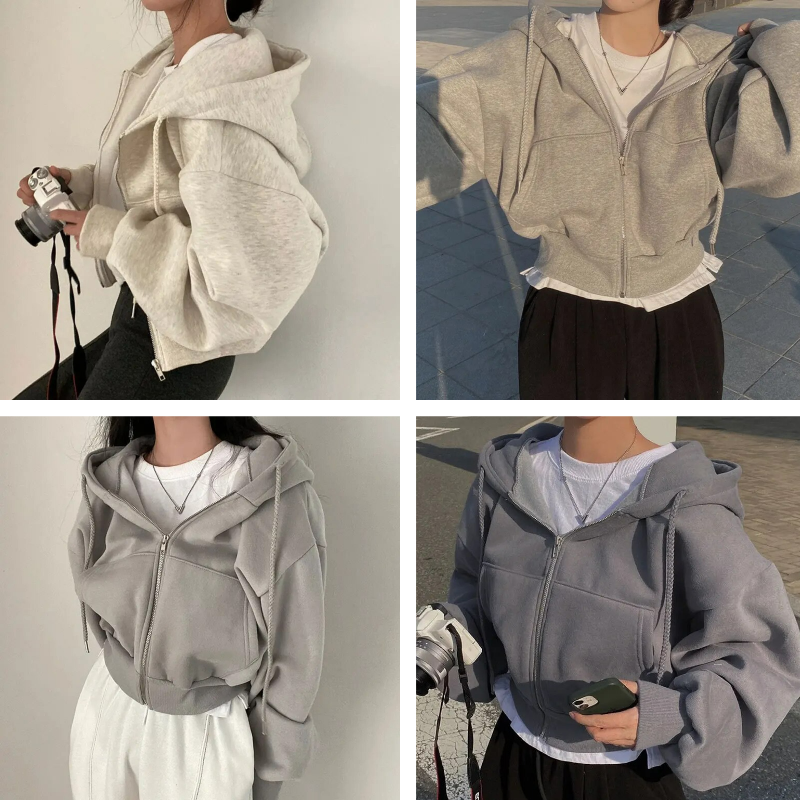 Women's Cropped Zip Up Hoodie Oversized with Drawstring Hood and Kangaroo Pocket - Image 2