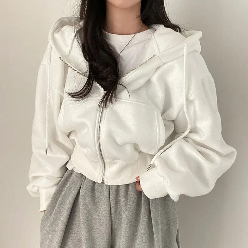 Women's Cropped Zip Up Hoodie Oversized with Drawstring Hood and Kangaroo Pocket - Image 3