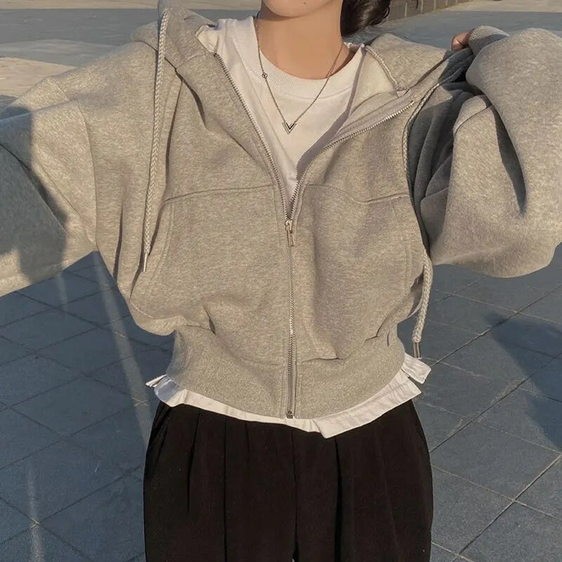 Women's Cropped Zip Up Hoodie Oversized with Drawstring Hood and Kangaroo Pocket - Image 4