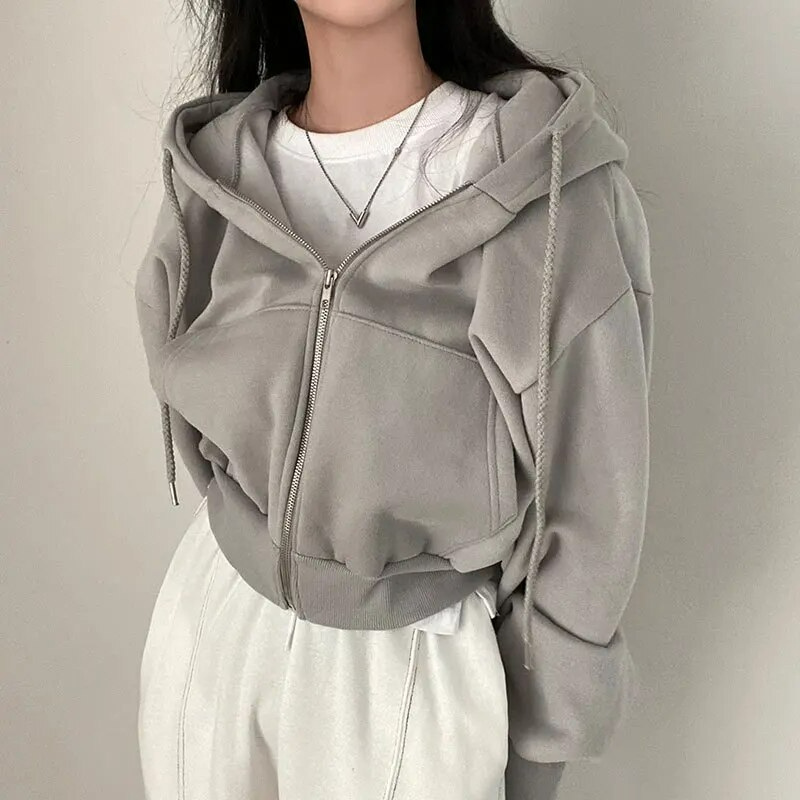 Women's Cropped Zip Up Hoodie Oversized with Drawstring Hood and Kangaroo Pocket - Image 5