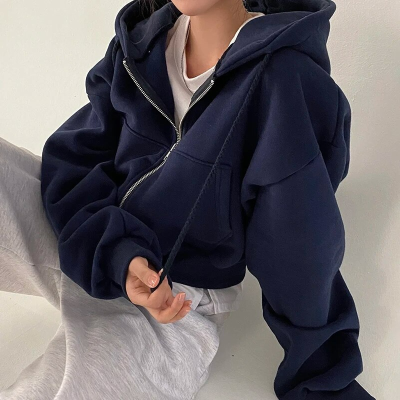 Women's Cropped Zip Up Hoodie Oversized with Drawstring Hood and Kangaroo Pocket - Image 7