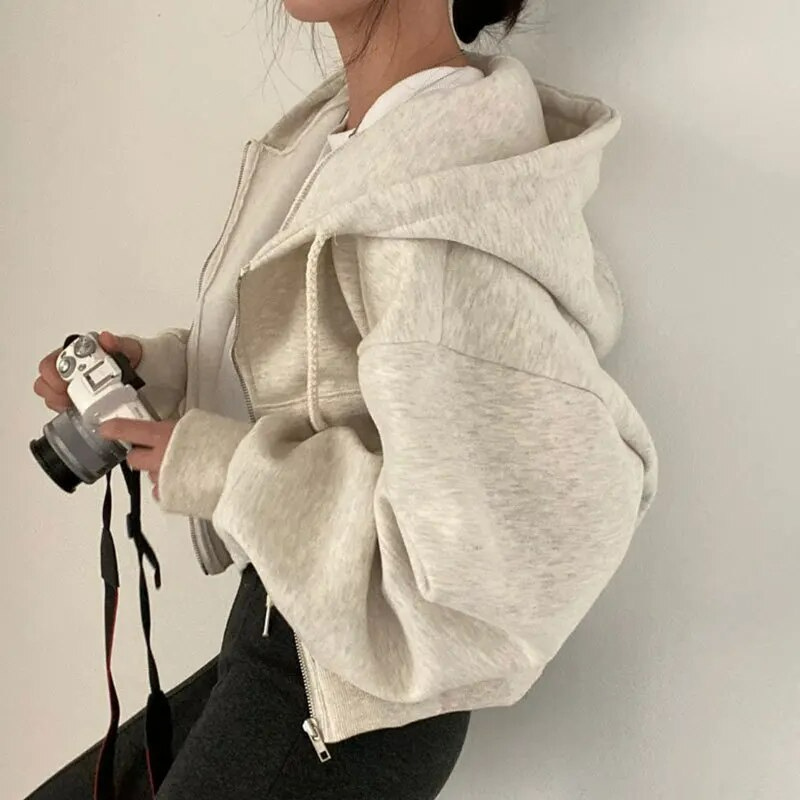 Women's Cropped Zip Up Hoodie Oversized with Drawstring Hood and Kangaroo Pocket - Image 8