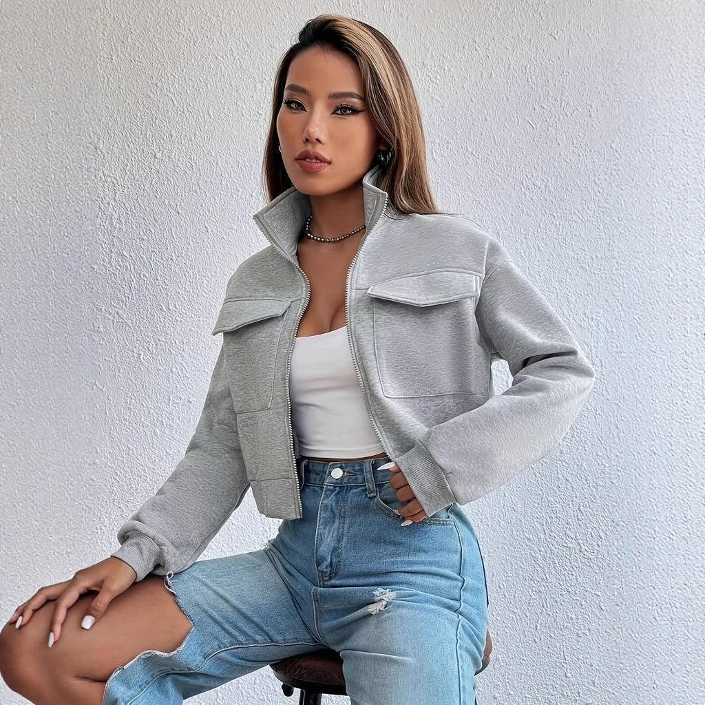 Women's Cropped Zip Up Jacket with Funnel Neck and Chest Pockets - Image 2