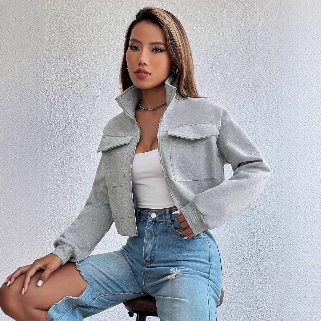 Women's Cropped Zip Up Jacket with Funnel Neck and Chest Pockets - Image 2