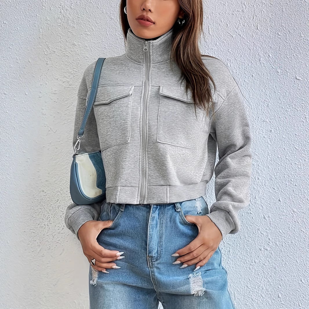 Women's Cropped Zip Up Jacket with Funnel Neck and Chest Pockets - Image 3