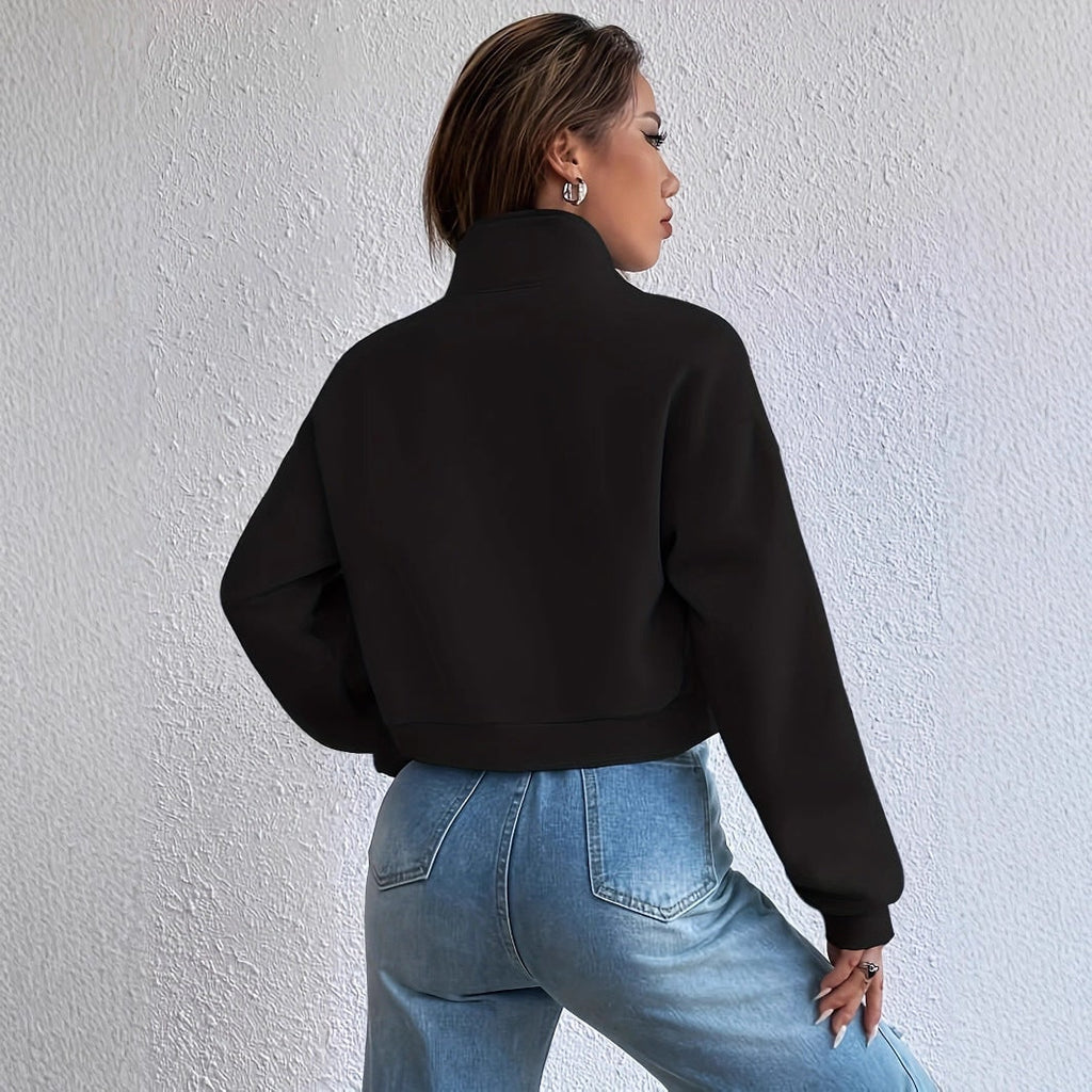 Women's Cropped Zip Up Jacket with Funnel Neck and Chest Pockets - Image 4