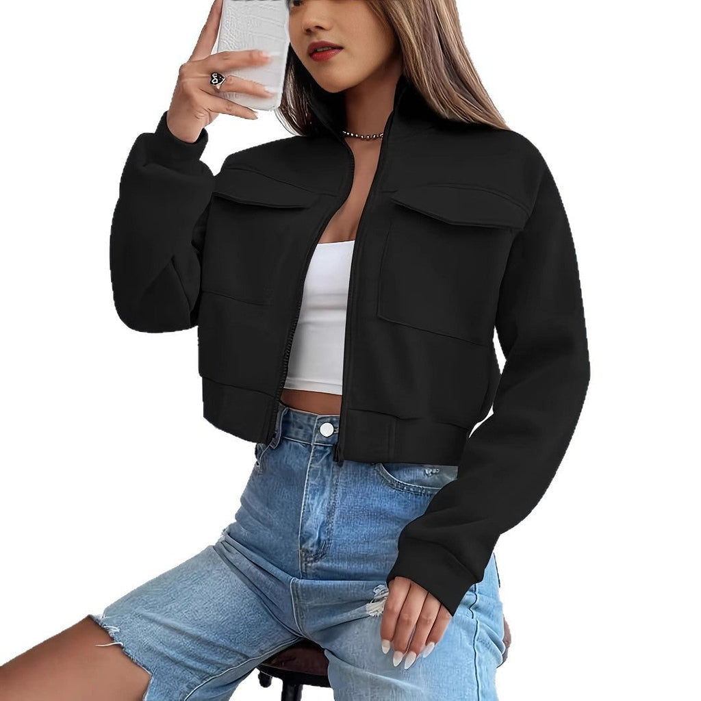 Women's Cropped Zip Up Jacket with Funnel Neck and Chest Pockets - Image 5