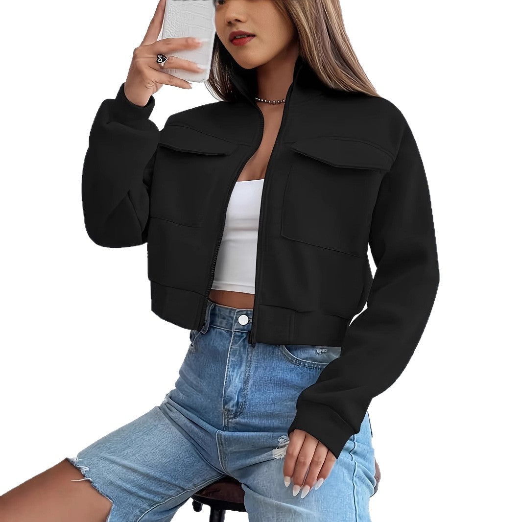 Women's Cropped Zip Up Jacket with Funnel Neck and Chest Pockets - Image 5