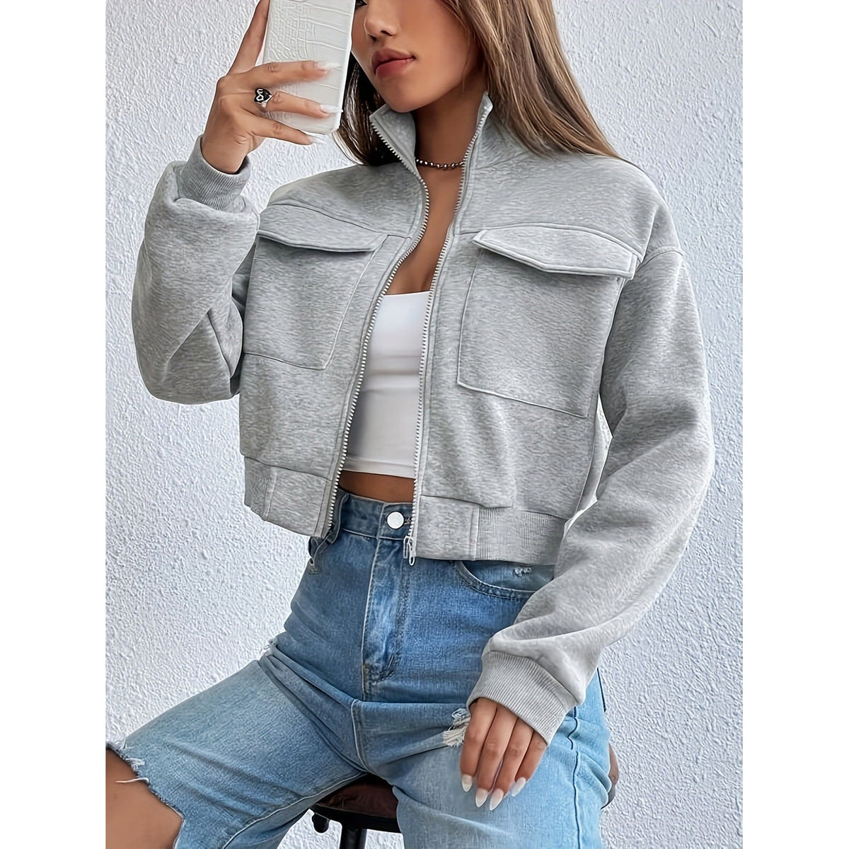 Women's Cropped Zip Up Jacket with Funnel Neck and Chest Pockets - Image 6