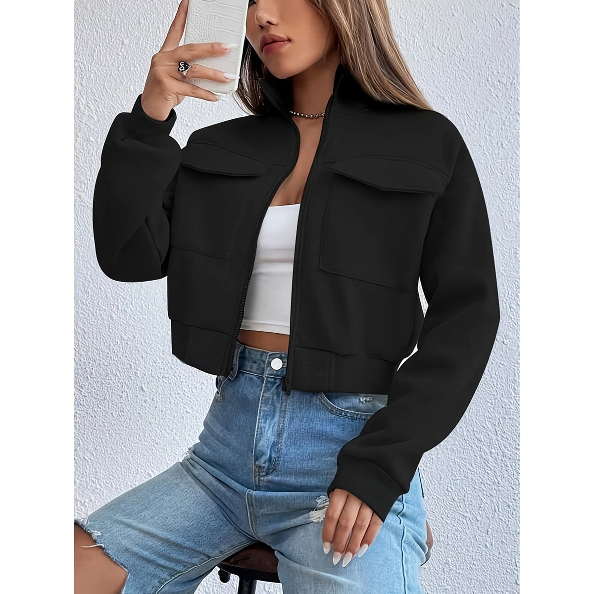 Women's Cropped Zip Up Jacket with Funnel Neck and Chest Pockets - Image 7